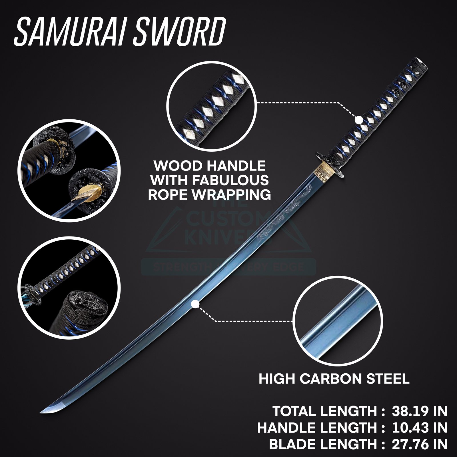 Japanese Blue Katana (Samurai) Real Sword,Full Tang,Practical,Functional, 1060 high Carbon Steel,Hademade Heat Tempered Full Hand Forged Traditional Samurai Sword