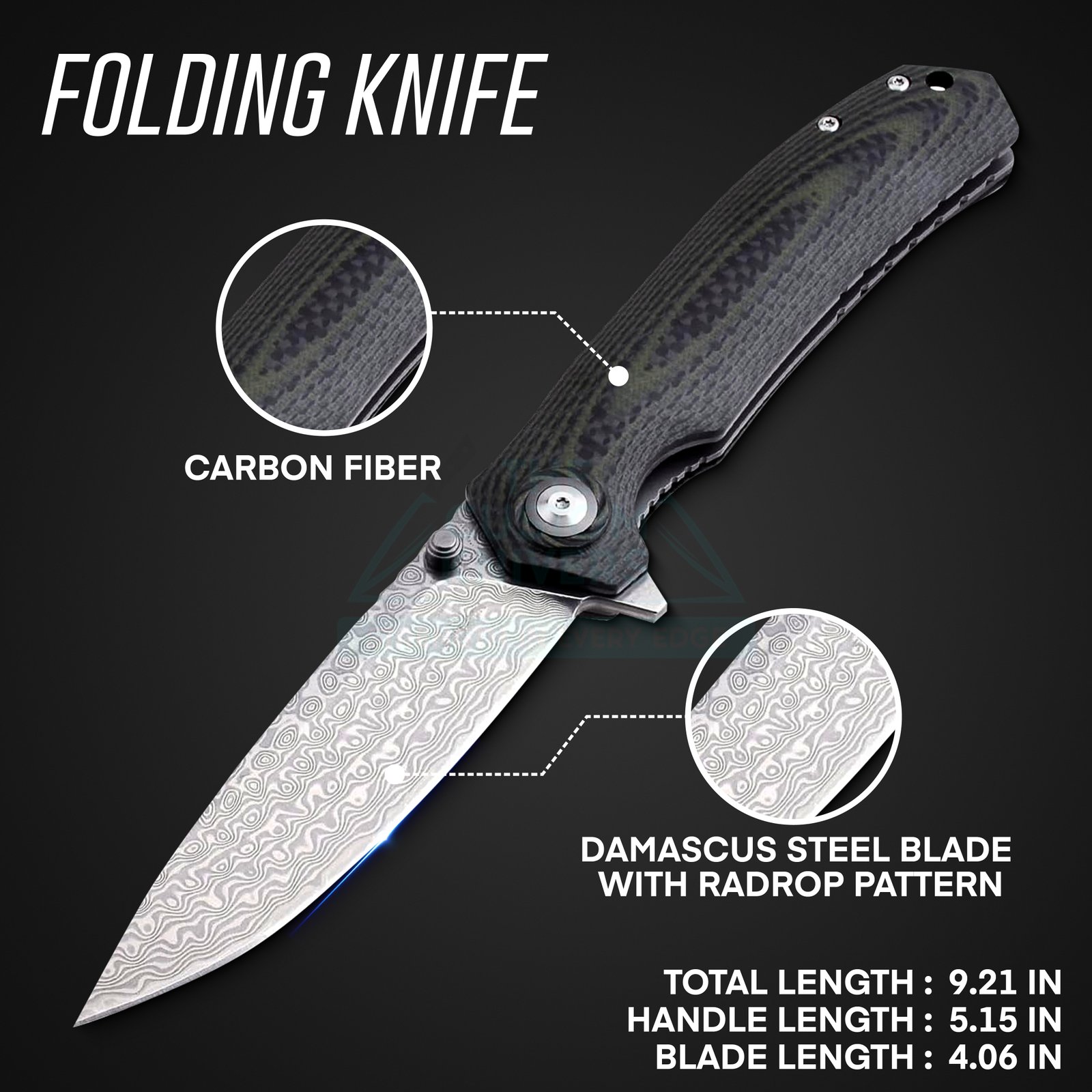 TCK Pocket Knife, 9Cr18MoV Damascus Steel Folding Knife with G10 + Carbon Fiber Handle