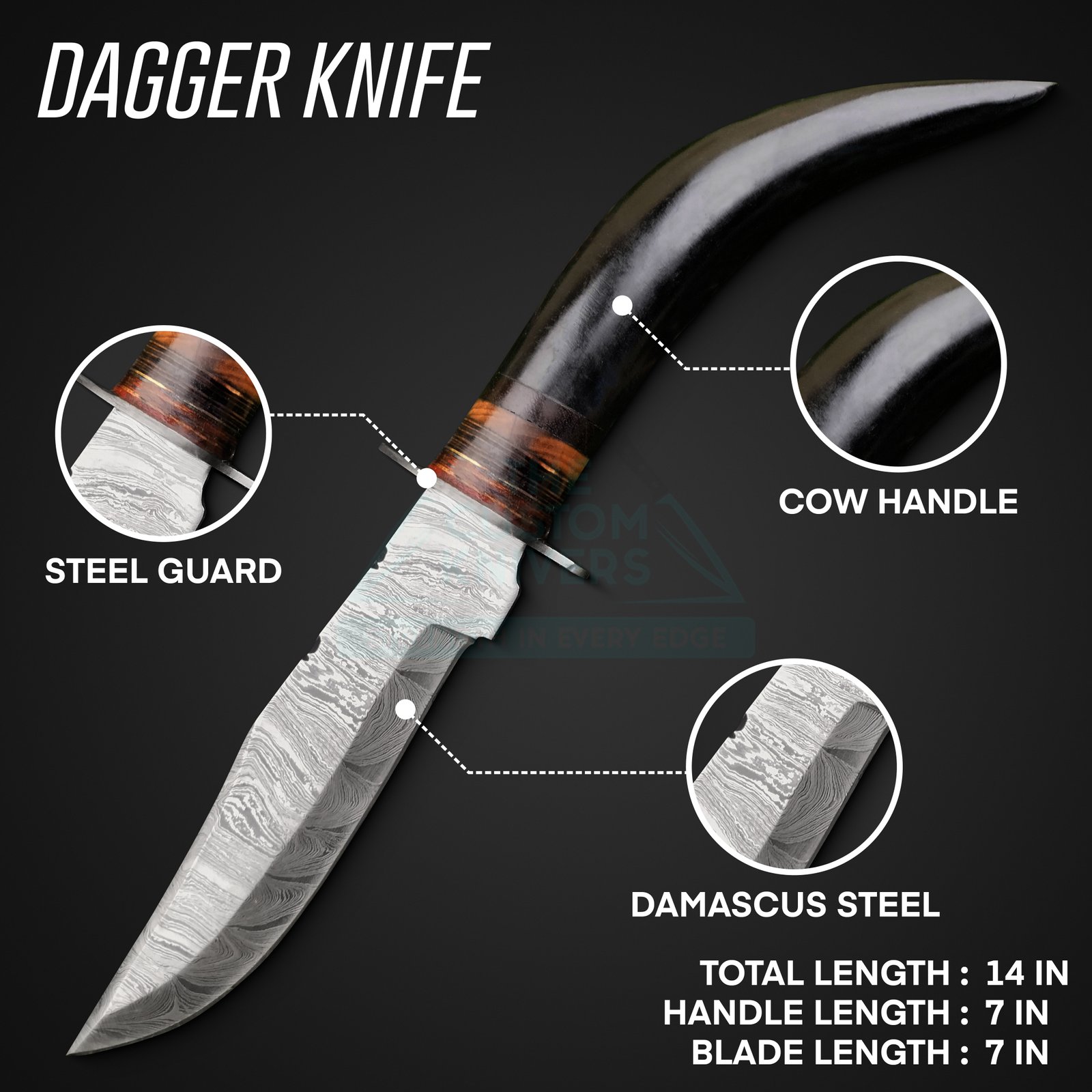 Custom Hand Made Dagger Knife with Cow Handle and Damascus Steel